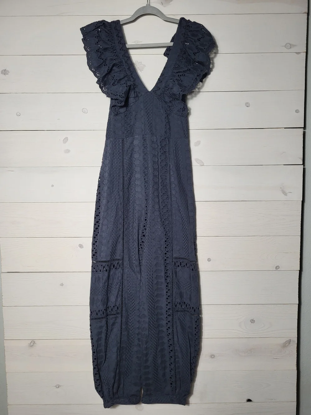 Free People Mikayla Jumpsuit Cotton Ruffle Eyelet Deep V Neck BOHO.